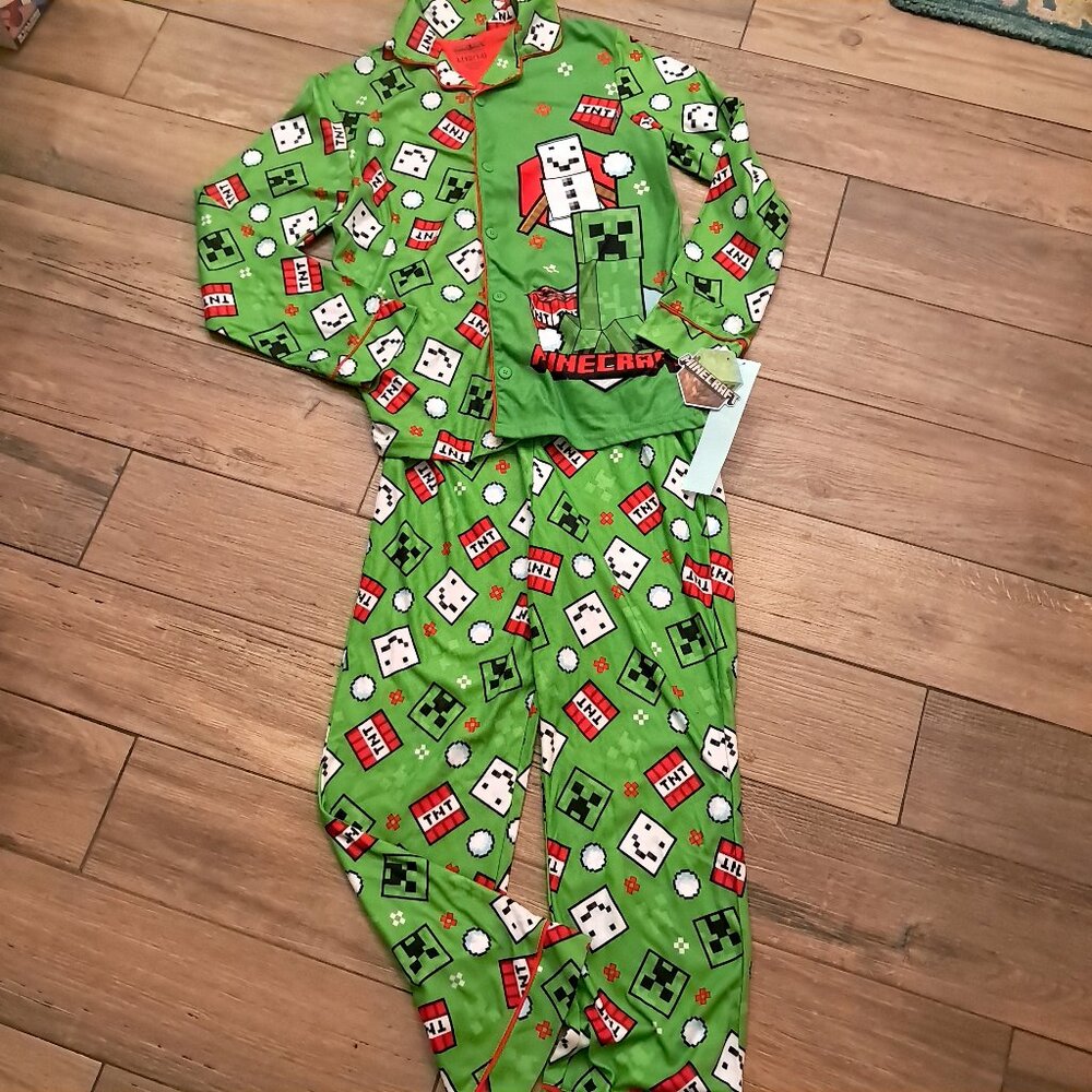 NEW Minecraft Pajama Set Boys sz L‎ Large 12/14 Creeper Snowman Christmas pjs